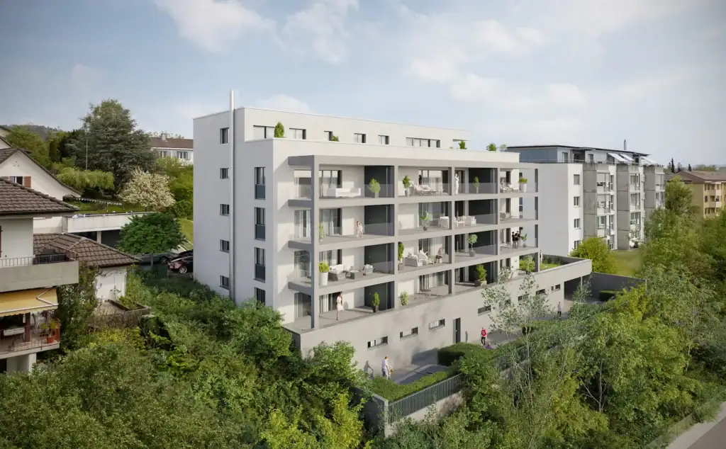 Visualisierung eines modernen Mehrfamilienhauses mit grosszügigen Balkonen und Terrassen in erhöhter Wohnlage mit viel Grünraum.