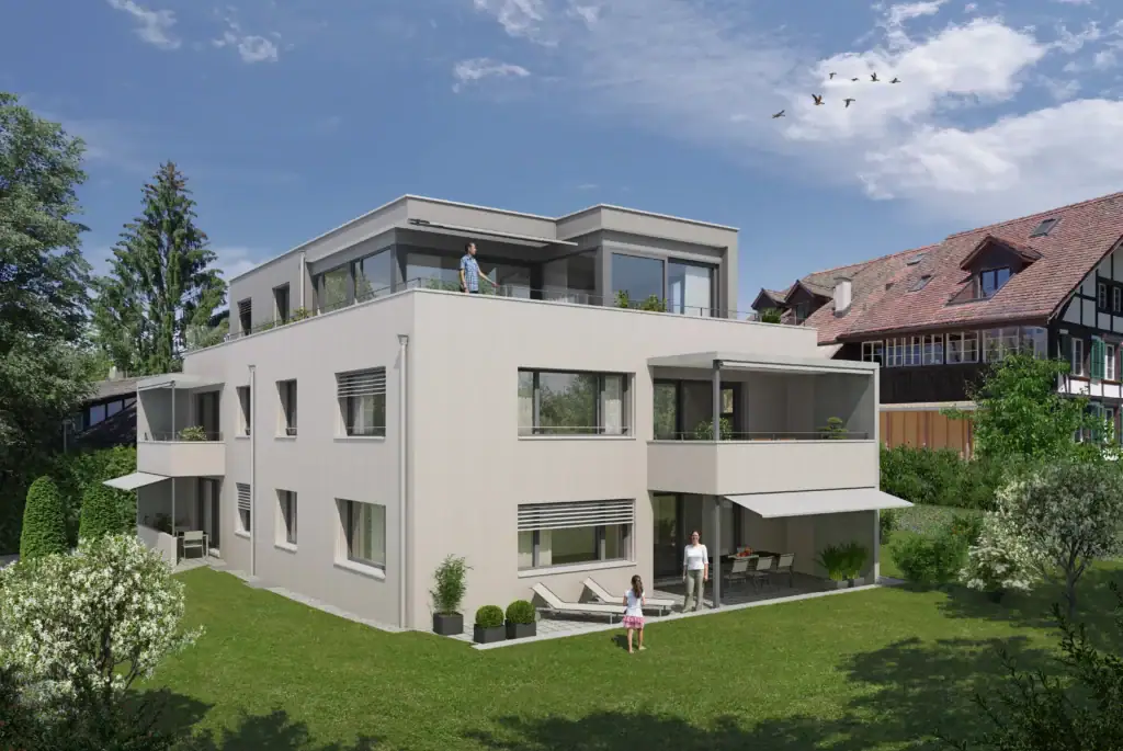 Visualisierung eines modernen Mehrfamilienhauses mit grosszügigen Terrassen, Gartenflächen und klarer Architektursprache.