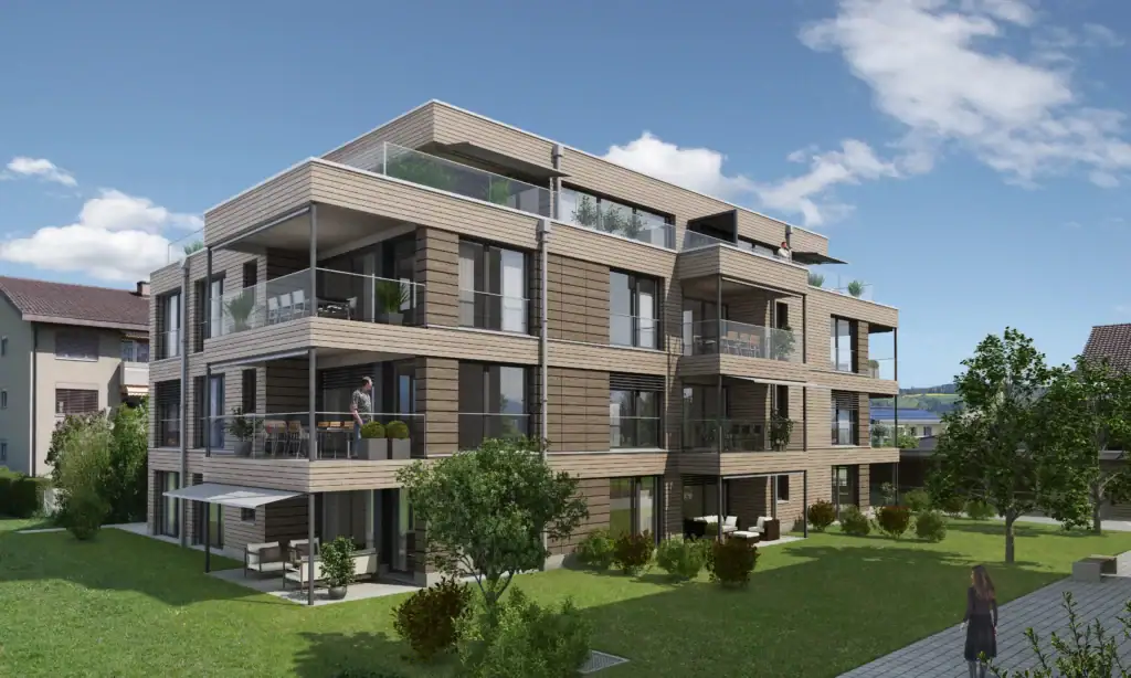 Die moderne Architektur mit grosszügigen Balkonen und weitläufigen Grünflächen schafft ein hochwertiges Wohnumfeld mit viel Privatsphäre und Aufenthaltsqualität.
