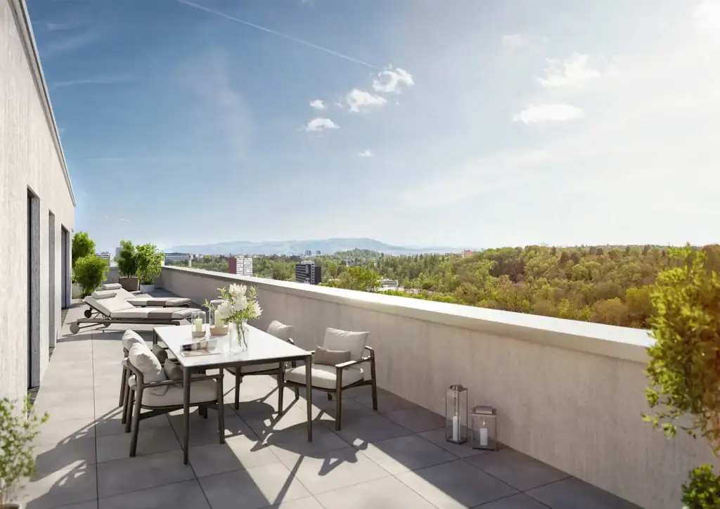 Visualisierung einer grosszügigen Dachterrasse mit Sitzbereich und weiter Aussicht über die umliegende Landschaft.