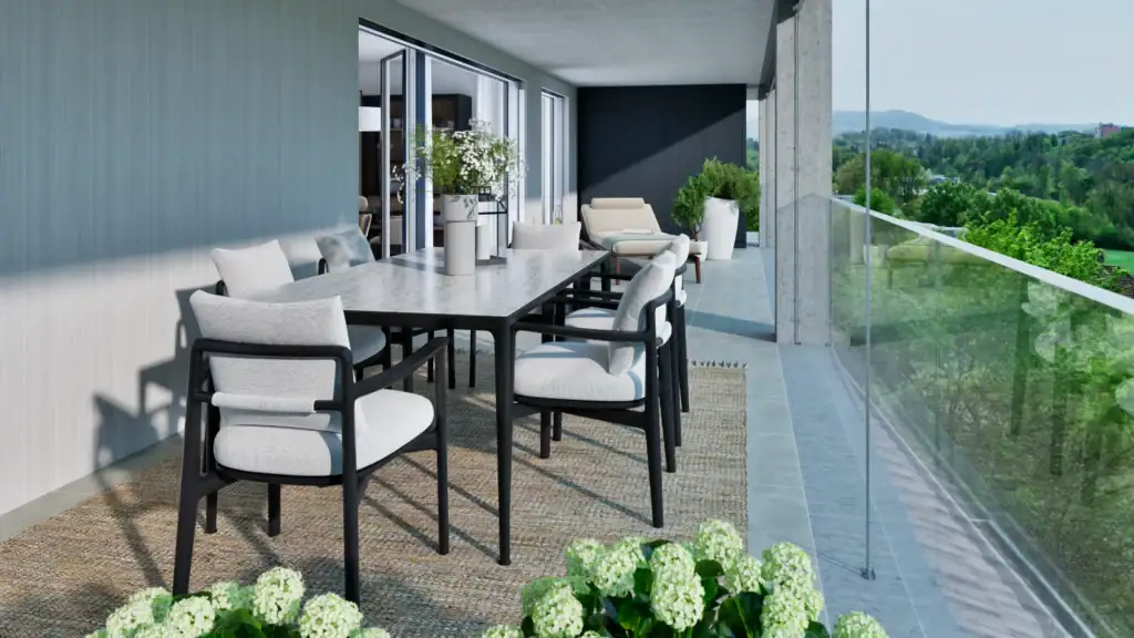 Visualisierung einer grosszügigen Terrasse mit gedecktem Sitzbereich, Glasgeländer und Ausblick ins Grüne.